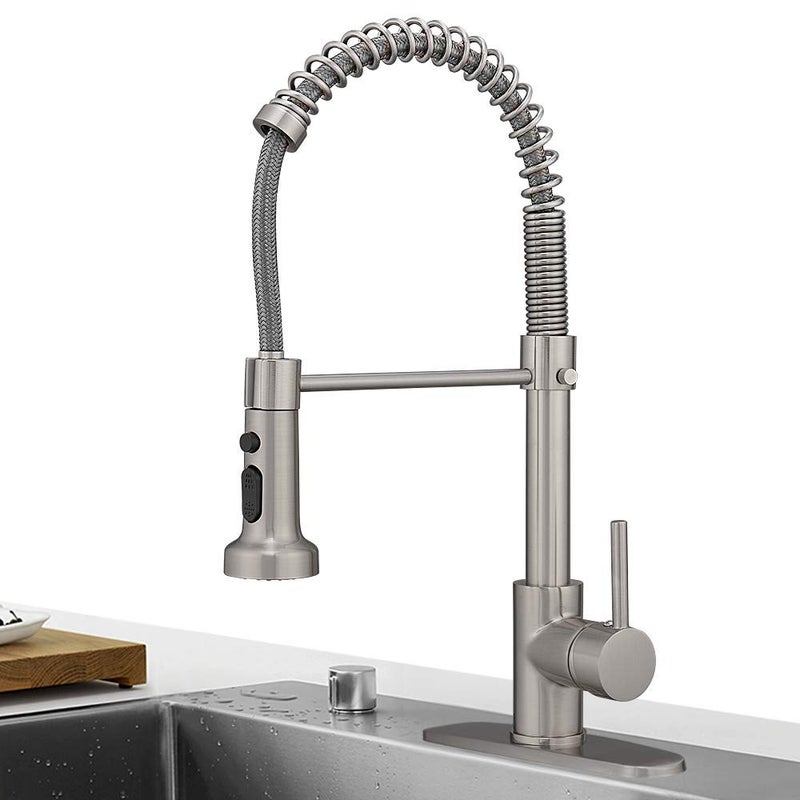 Hoimpro Brass Spring Kitchen Faucet with Pull Down Sprayer with Cover Plate, Rv Kitchen Sink Faucet with cUPC Hoses, 3 Function Single Handle Laundry Faucet, Brushed Nickel (1 or 3 Hole) - Image 1